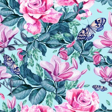 Çiçekler Manolya ve rose ile güzel suluboya desen.