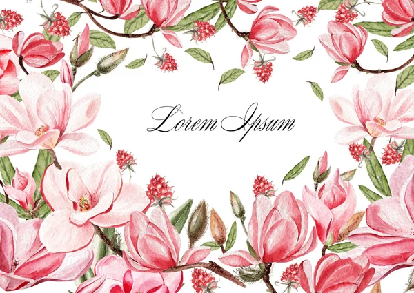 Hermosa tarjeta de felicitación acuarela, invitación de boda con flores y hojas de magnolia  . —  Fotos de Stock