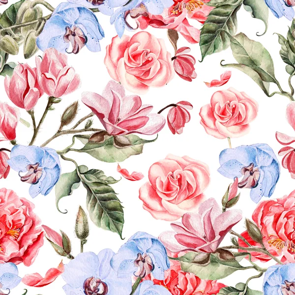 Hermoso patrón de acuarela con flores orquídea, magnolia y rosas . —  Fotos de Stock
