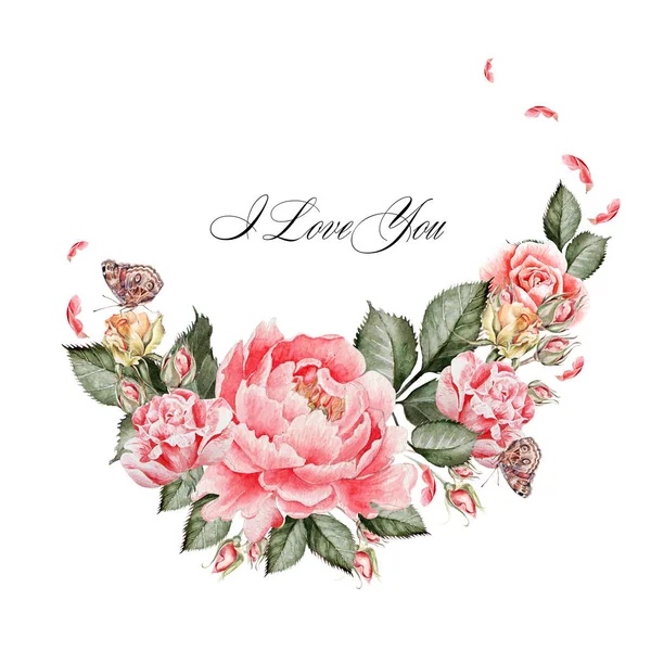 Beautiful watercolor card with roses flower and butterfly. — Stock Photo, Image