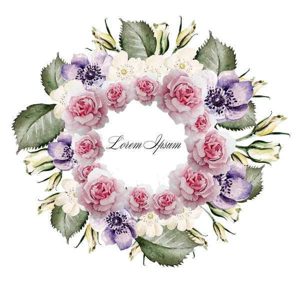 Beautiful watercolor of roses and flower anemone . Bridal wreath. — Stock Photo, Image