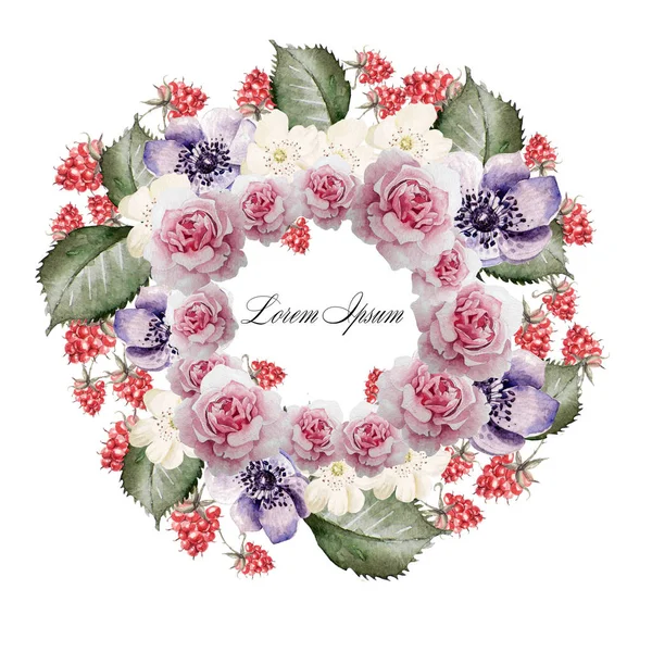 美丽幅水彩画的玫瑰，花海葵和覆盆子。新娘花环. — 图库照片