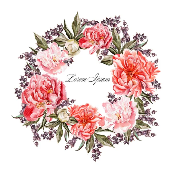 Beautiful watercolor wreath with flowers peony and berries currant . — Stock Photo, Image