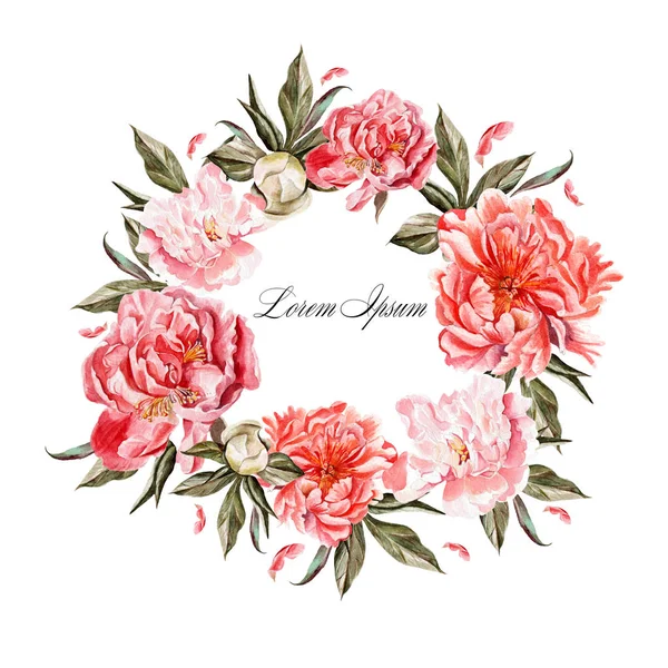 Beautiful watercolor wreath with flowers peony. — Stock Photo, Image