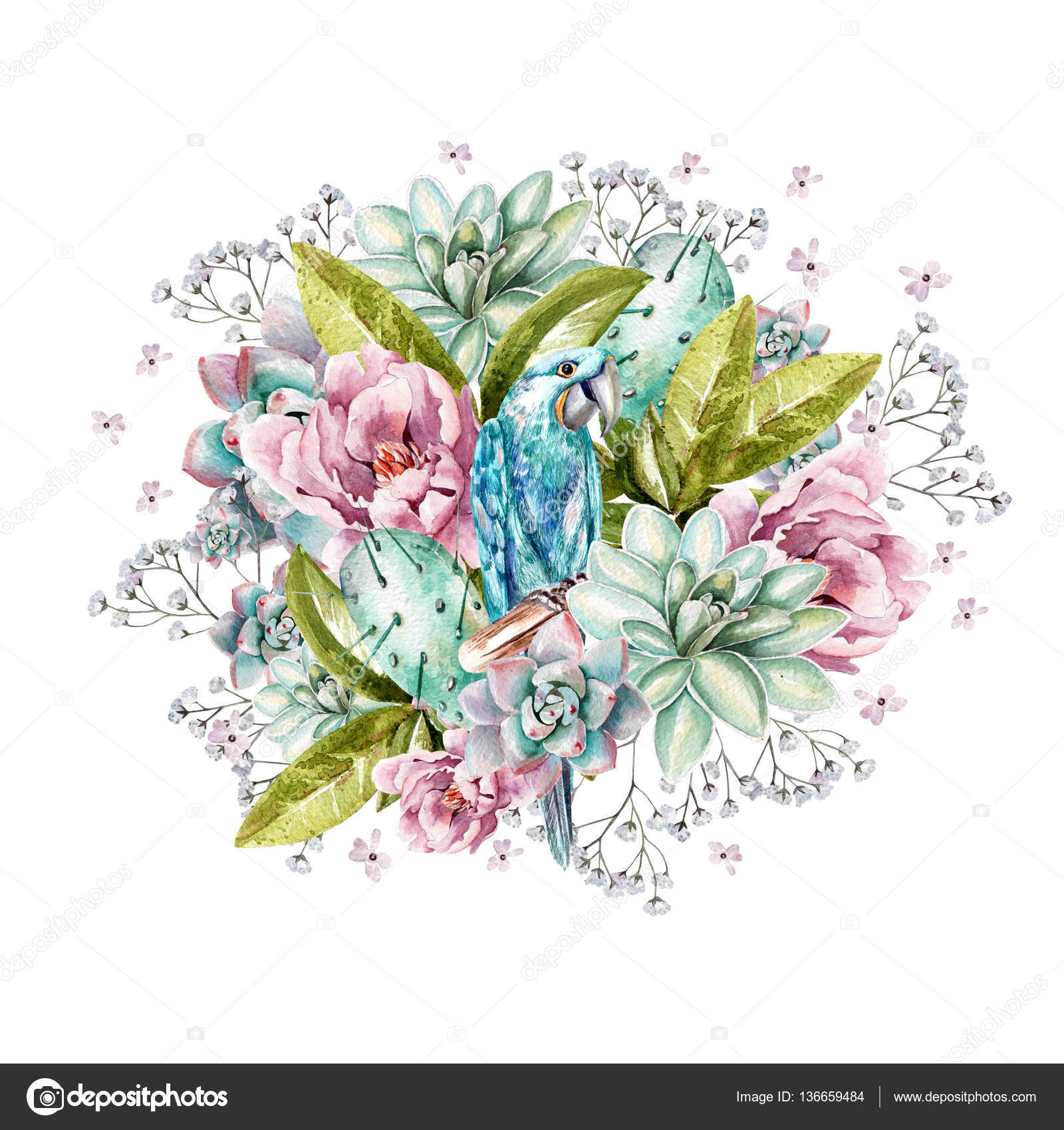 Colorful Watercolor Bouquet With Peonies Succulents