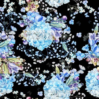 Okaliptüs dalları ve ortanca çiçek, eustomiya, kır çiçekleri güzel suluboya desenle, saskatoon çilek. Çizimler.