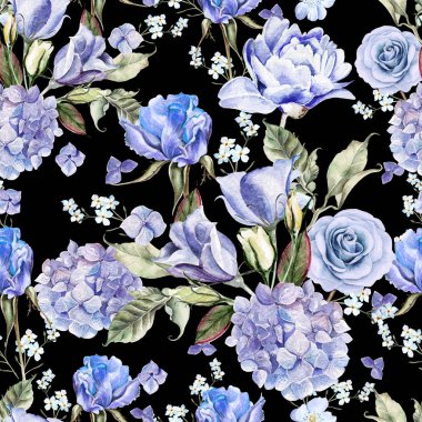 Güzel suluboya ile ortancaları, gül ve çiçek eustomiya. 