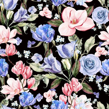 Güzel suluboya ile ortancaları, gül, Manolya ve çiçekler eustomiya.