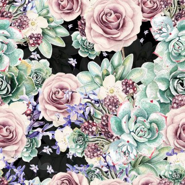 Succulents ve lavanta, gül güzel suluboya desenle. Böğürtlen.