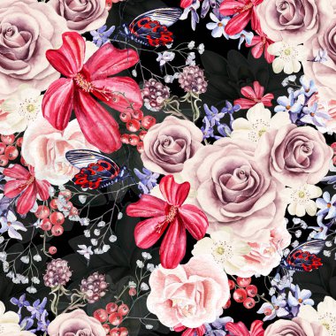 Peony çiçek, gül, lavanta ve çilek, kuş üzümü, böğürtlen ile güzel suluboya desen