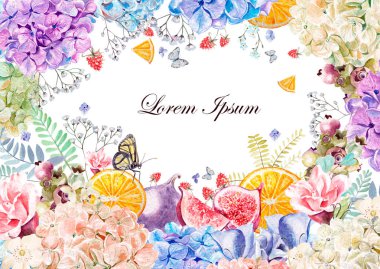 Renkli Sulu Boya tebrik kartı veya düğün davetiyesi. Ortanca çiçek, gül, Şakayık, eustomiya ve meyve portakal, incir, ahududu.