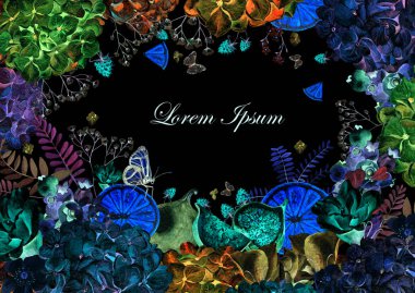 Renkli Sulu Boya tebrik kartı veya düğün davetiyesi. Ortanca çiçek, gül, Şakayık, eustomiya ve meyve portakal, incir, ahududu. 