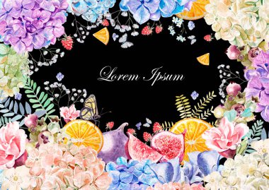 Renkli Sulu Boya tebrik kartı veya düğün davetiyesi. Ortanca çiçek, gül, Şakayık, eustomiya ve meyve portakal, incir, ahududu. 