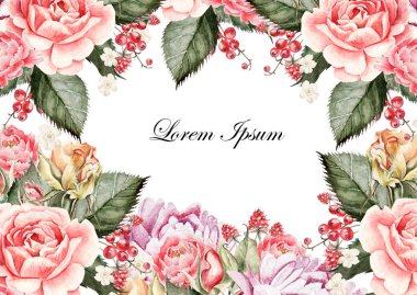 Renkli Sulu Boya tebrik kartı veya düğün davetiyesi. Gül, Şakayık çiçeklerle. Çilek Frenk üzümü.