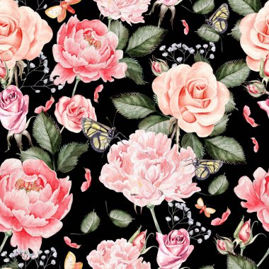 Desen suluboya gerçekçi gül, Şakayık ve kelebekler.  