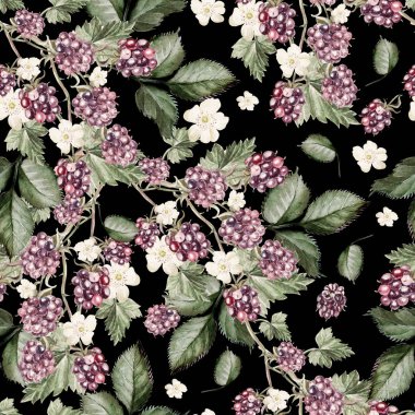 Çilek ve böğürtlen yaprakları ile suluboya desen. 