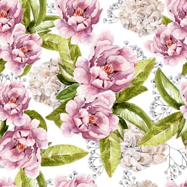 Şakayık çiçekleri, succulents, kır çiçekleri ile suluboya desen.