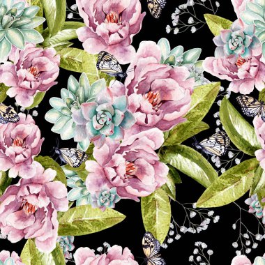 Suluboya desenle Şakayık çiçekleri, succulents, kelebekler.