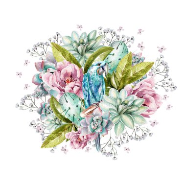 Renkli suluboya buket. Peonies, succulents, kaktüs, kır çiçekleri ve mavi papağan. 
