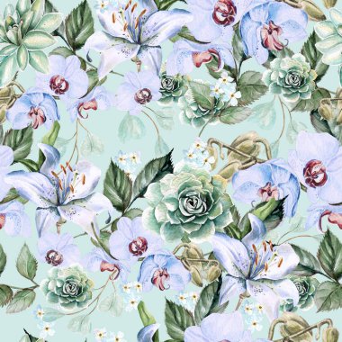 Sulu Boya desen orkide, zambaklar ve succulents