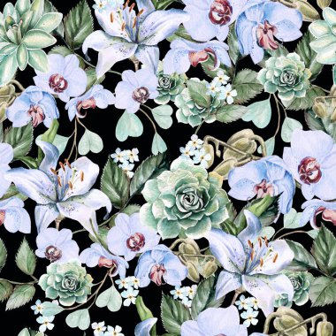 Sulu Boya desen orkide, zambaklar ve succulents