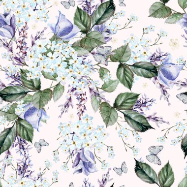 Suluboya desenle unut-bana, eustomiya, lavanta çiçekleri.