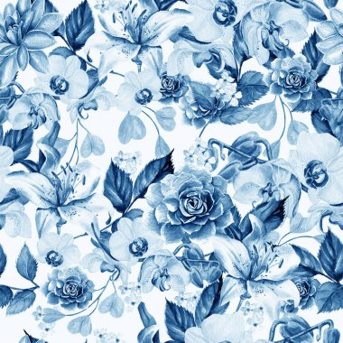 Sulu Boya desen orkide, zambaklar ve succulents