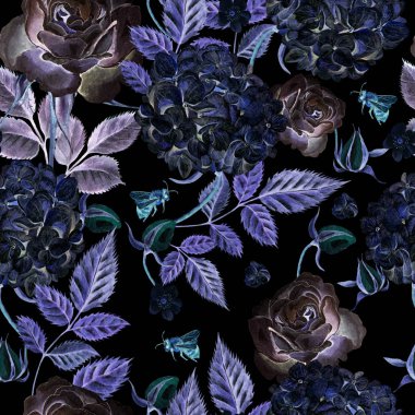 Gül ve çiçek ortancaları suluboya desenle.