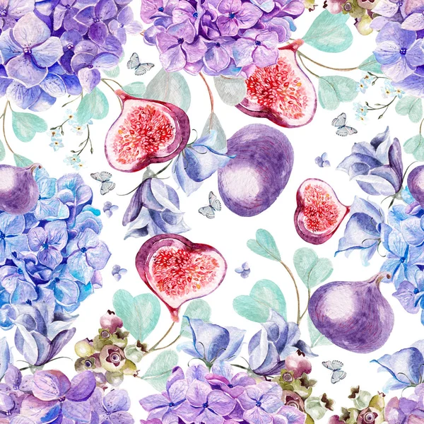 Wunderschöner Aquarellkranz mit Hortensien, Blumen, Feigen und Himbeeren. — Stockfoto
