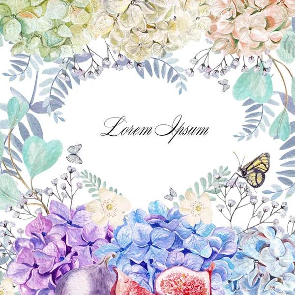 Färgstark akvarell vykort eller bröllopsinbjudan. Hydrangea blommor, eukalyptus och fikon frukt. — Stockfoto
