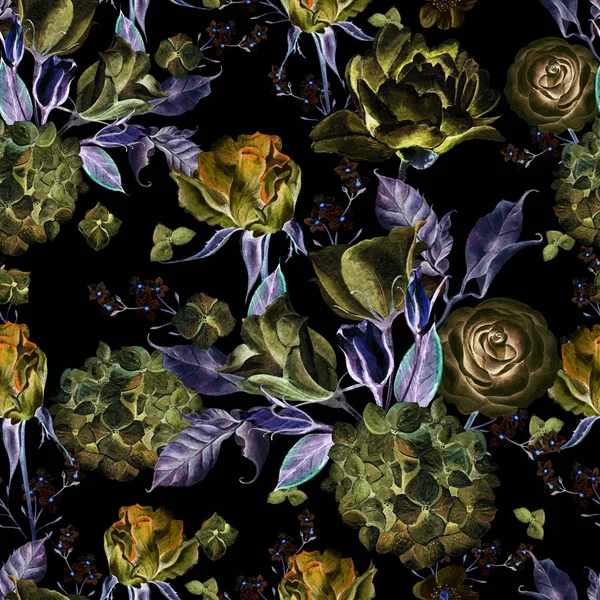 Wunderschönes Aquarell mit Hortensien, Rosen und Blumen Eustomiya. — Stockfoto