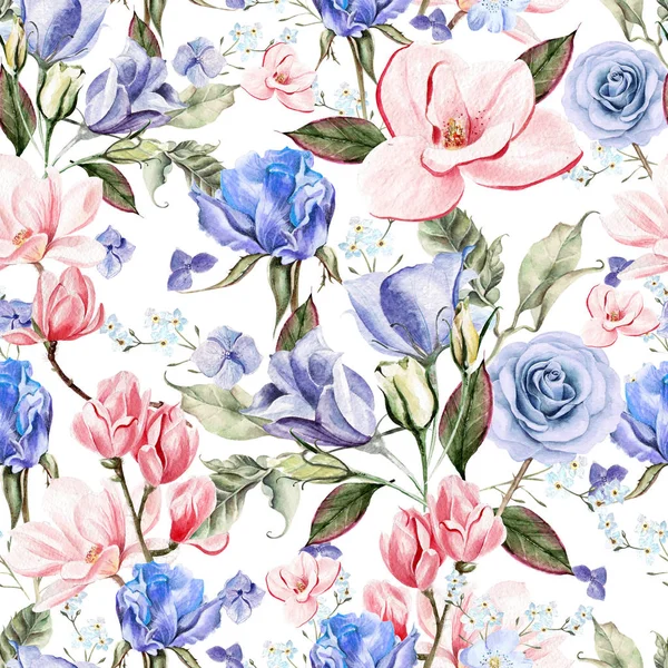 Piękna akwarela z hydrangeas, róże, magnolia i kwiaty eustomiya. — Zdjęcie stockowe