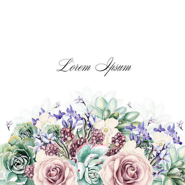 Färgstark akvarell gratulationskort eller bröllopsinbjudan. Med lavendelblommor, rosor, suckulenter och björnbär. Illustrationer. — Stockfoto
