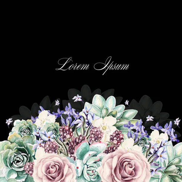 Färgstark akvarell gratulationskort eller bröllopsinbjudan. Med lavendelblommor, rosor, suckulenter och björnbär. — Stockfoto