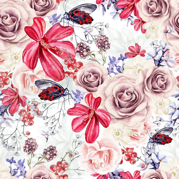 Peony çiçek, gül, lavanta ve çilek, kuş üzümü, böğürtlen ile güzel suluboya desen