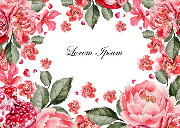 Renkli Sulu Boya tebrik kartı veya düğün davetiyesi. Çin gül, succulents, Şakayık çiçekleri ile. Nar meyve. Çizimler.