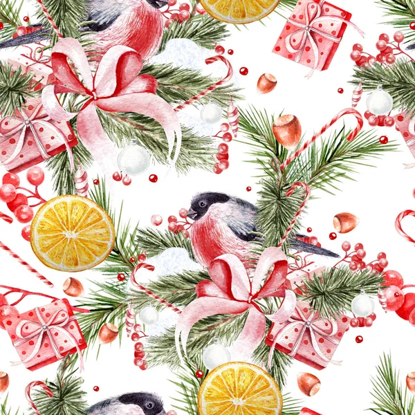 Beautiful Christmas watercolor pattern with a bird bullfinch, pine branches, viburnum berries and orange. — Stock Photo, Image