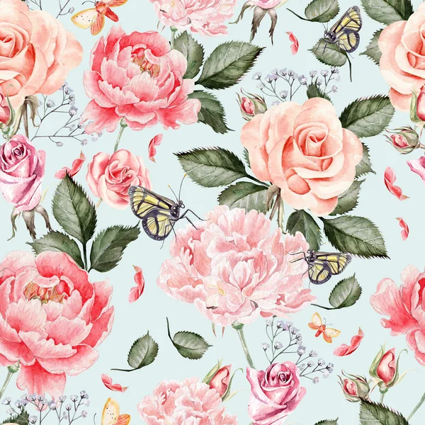 Desen suluboya gerçekçi gül, Şakayık ve kelebekler.  