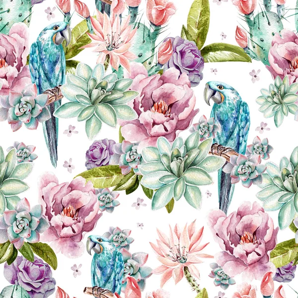 Watercolor pattern with flowers of peony, rose, succulents, cactus and blue parrot. — Stock Photo, Image