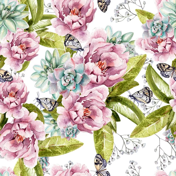 Watercolor pattern with peony flowers, succulents, butterflies. — Stock Photo, Image