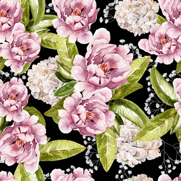 Motif aquarelle avec des fleurs de pivoine, succulents, fleurs sauvages et papillons . — Photo