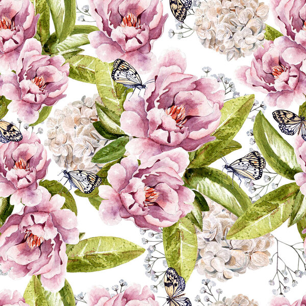 Watercolor pattern with peony flowers, succulents, wildflowers and butterflies.