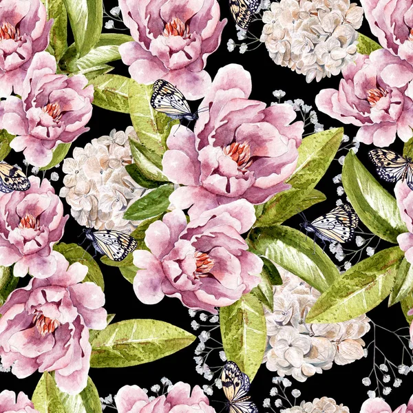 Watercolor pattern with peony flowers, succulents, wildflowers and butterflies. — Stock Photo, Image