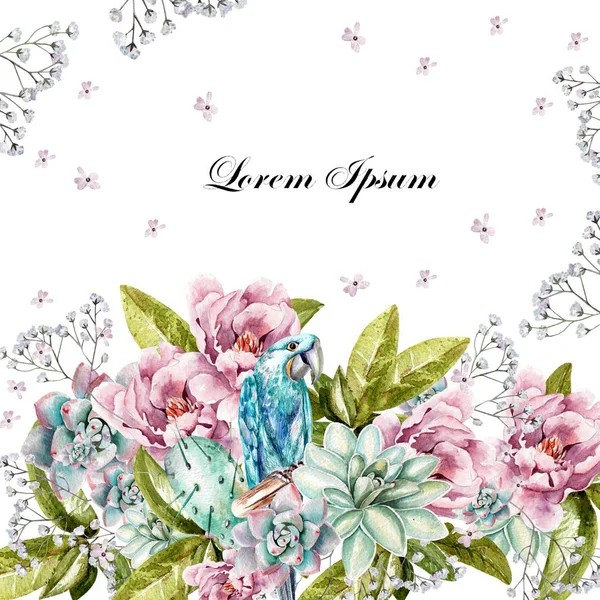 Renkli suluboya kartpostal veya düğün davetiyesi. Peonies, succulents, kaktüs, kır çiçekleri ve mavi papağan. — Stok fotoğraf