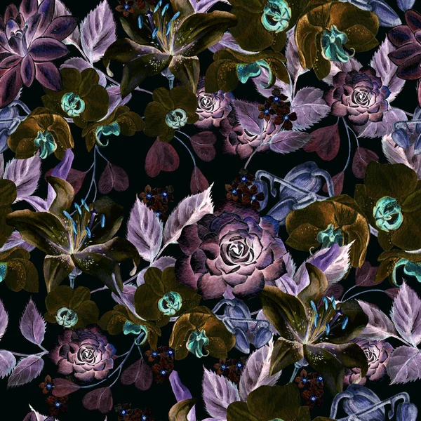 Aquarellmuster mit Orchideen, Lilien und Sukkulenten — Stockfoto