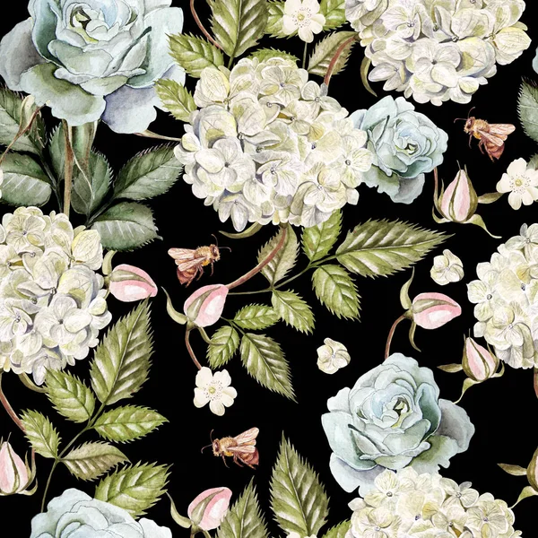 Aquarel patroon met bloemen hortensia en rozen. — Stockfoto