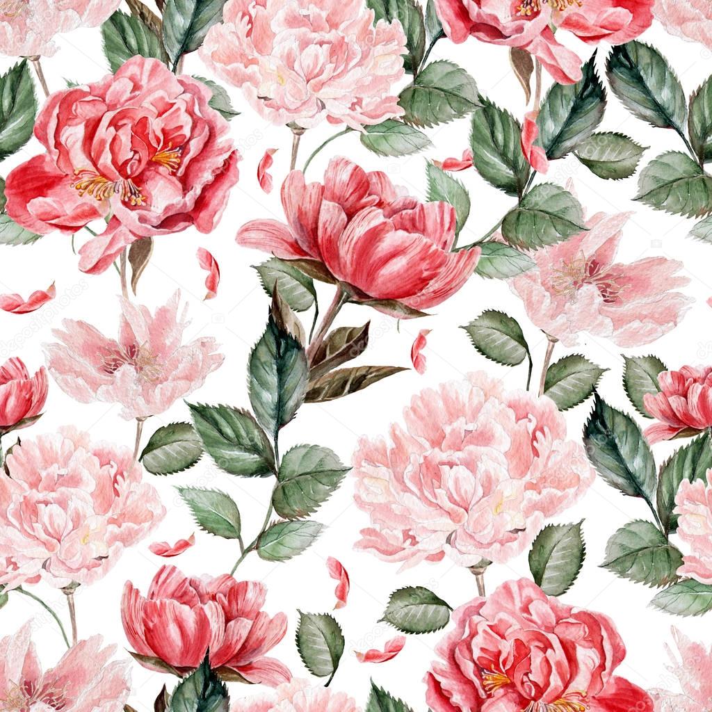 Watercolor pattern with peony flowers.
