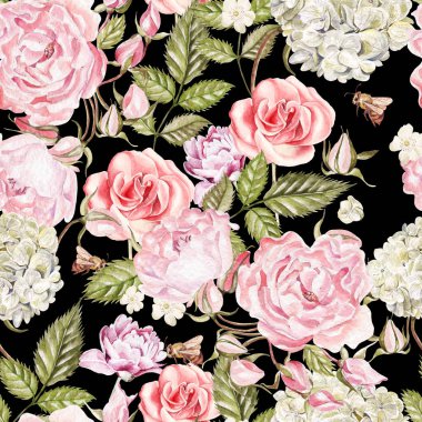 Çiçek gül, peonies, ortanca güzel suluboya desen.