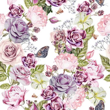 Çiçek gül, peonies, Petunyalar, böğürtlen ve yaban mersini ile suluboya desen. 