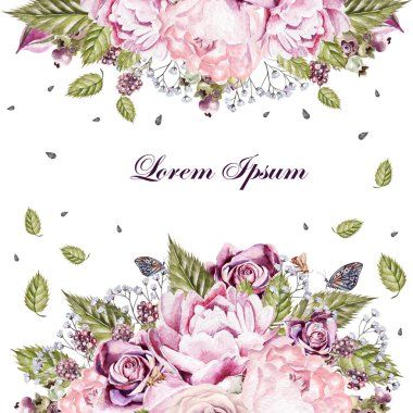 Çiçek gül, peonies, Petunyalar, böğürtlen ve yaban mersini ile suluboya desen. 